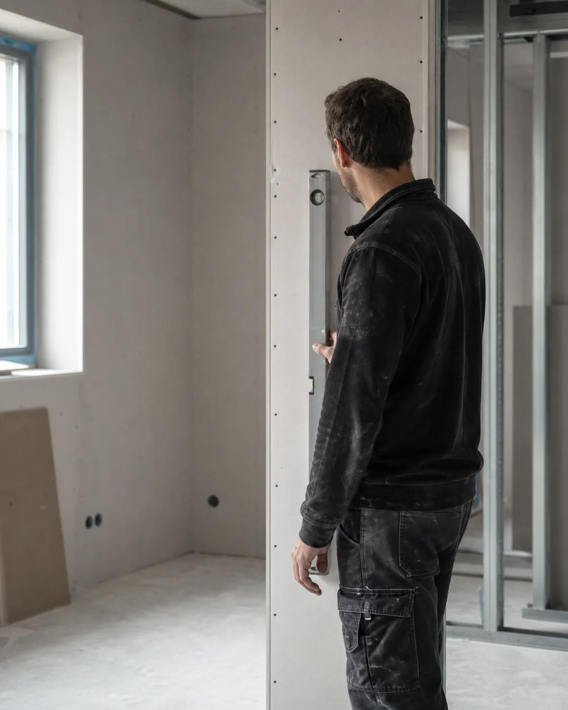 Handwerker bei der Prüfung einer Trockenbauwand
