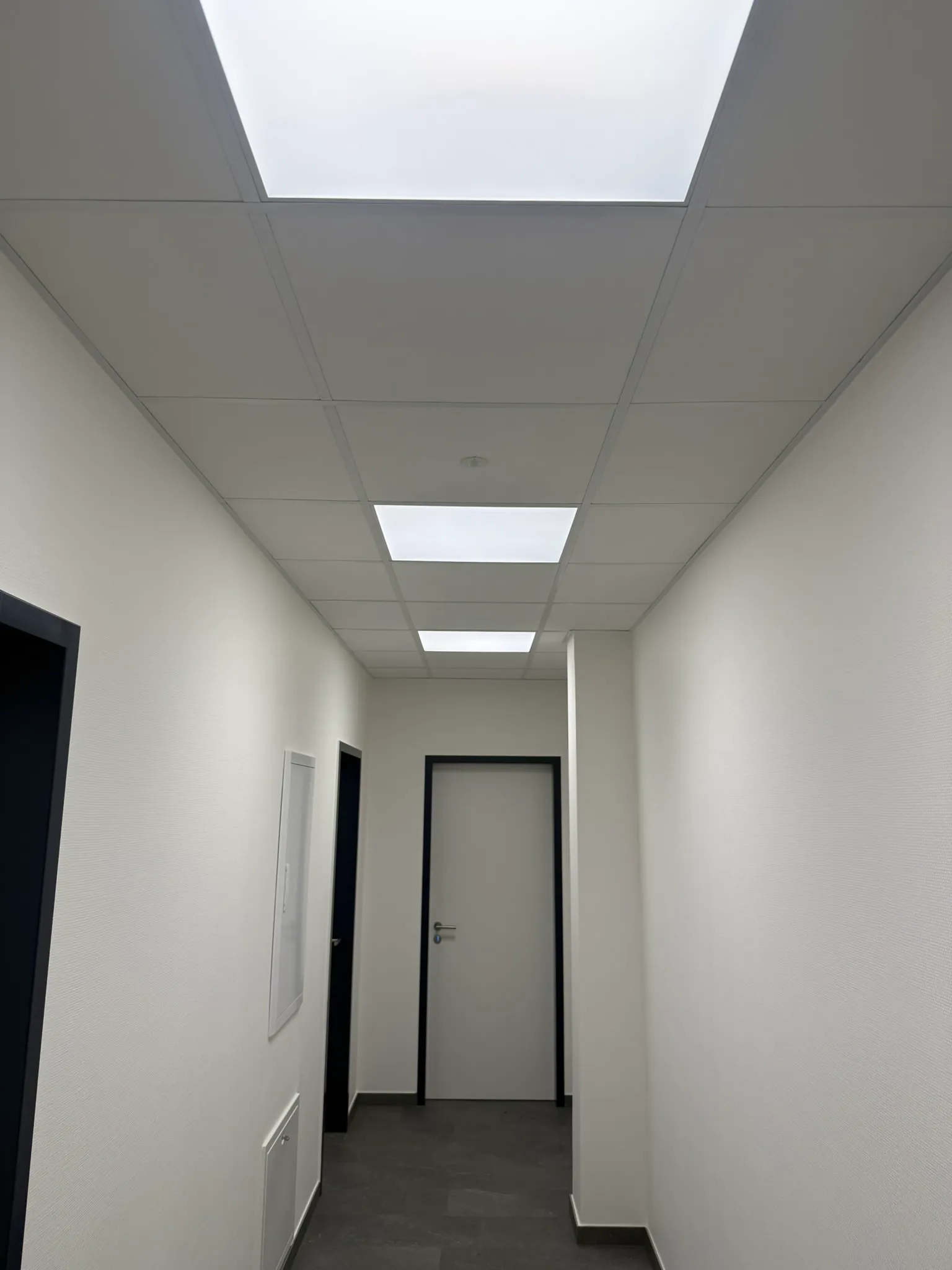 Fertiggestellter Büroflur mit Akustikdecke und Innentüren